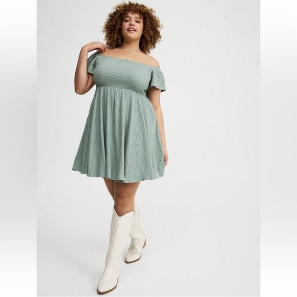 torrid Dresses & Skirts - Torrid Sage Green Off-Shoulder Smocked Mini Dress - Size 1X - NWT!